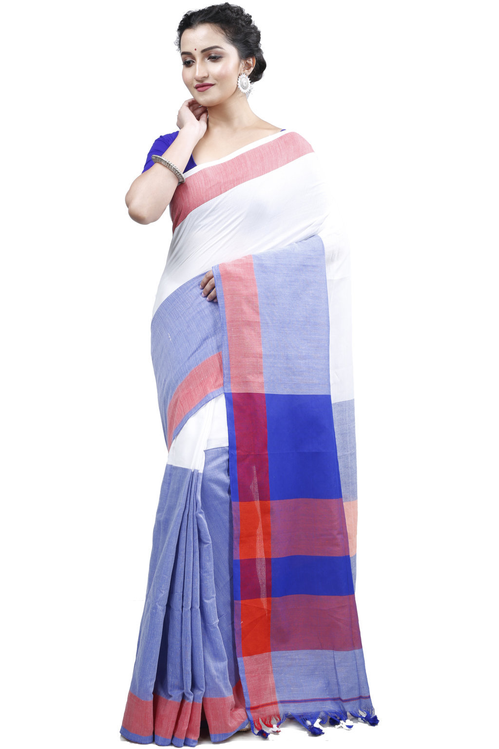 White Blue Pure Cotton Kousiki Hand Loom Saree (203)